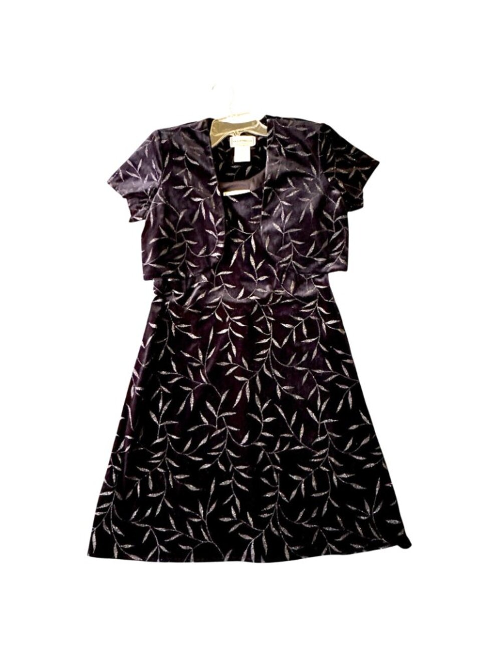 Evening Dress Women's Size 12 Petite Black Velvet Silver Leaves Sheath + Jacket - Picture 2 of 13
